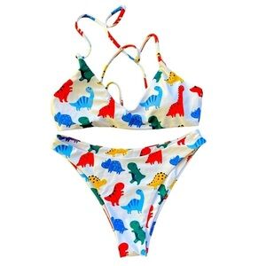 Shein Dinosaur Print White Bikini Small